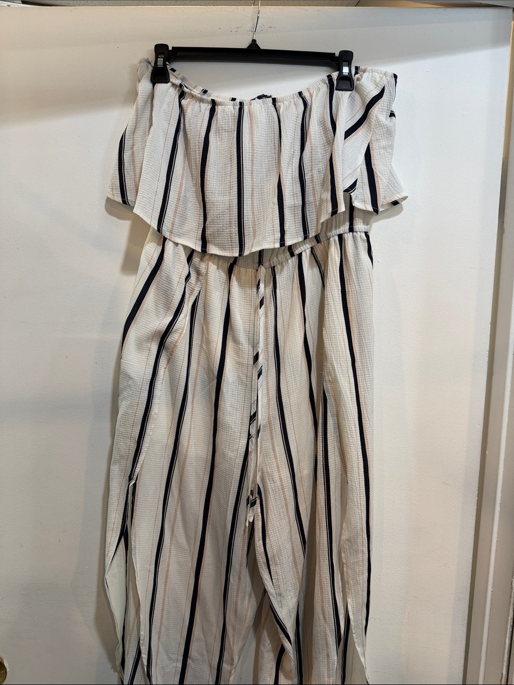 Off-Shoulder Striped Jumpsuit in Cream and Navy